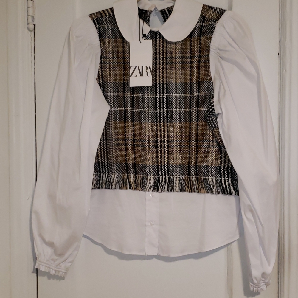 Zara Women's Black and Brown Plaid Blouse